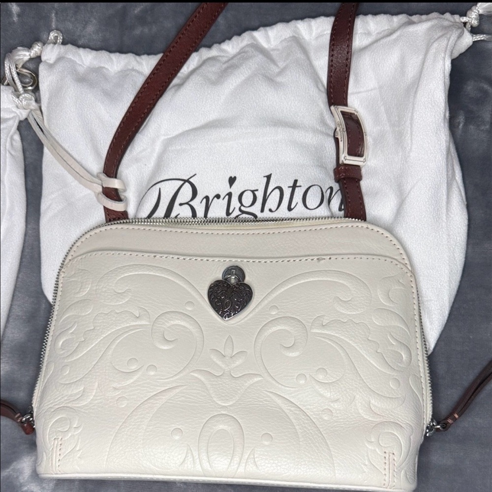 Brighton Alexa Cordoba Cream Embossed Crossbody with Brown Strap and Heart Clasp